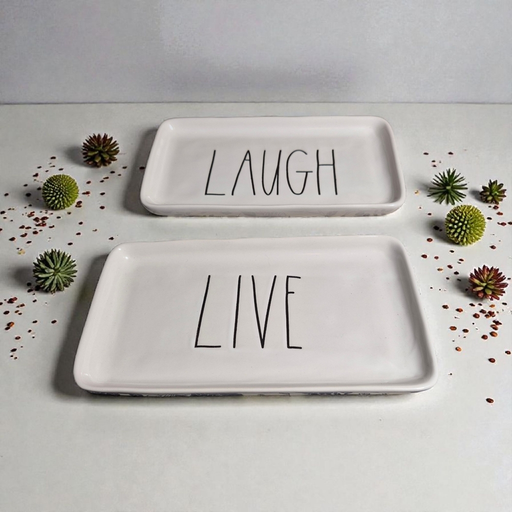 Rae Dunn White Live Laugh Rectangle Ceramic Set Trays Farmhouse Kitchen Decor